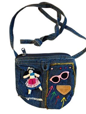 Vintage Gitano Denim Crossbody Bag With Doll & Colorful Embellishments Adjustabl